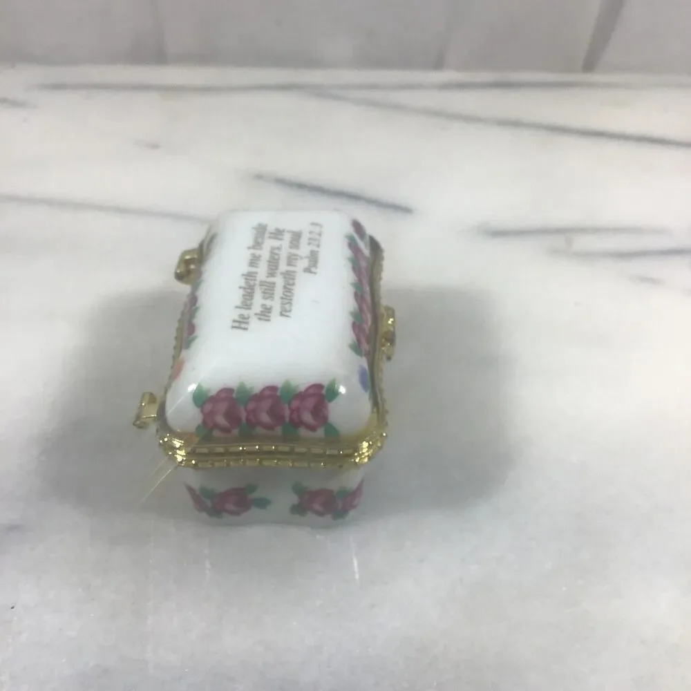 Imperial Porcelain Square Hinged Trinket Box Psalm 23:2,3 Roses Bible Verse